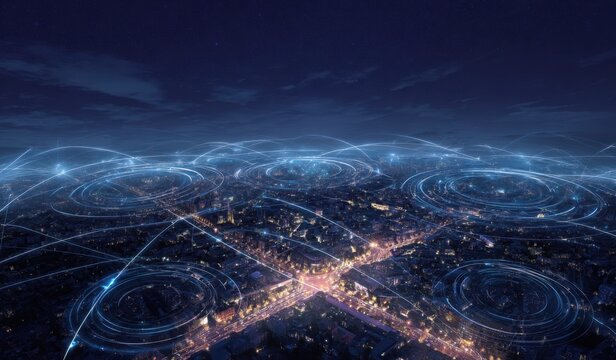 Aerial view of a city at night, overlaid with a network of glowing lines and circles.  City lights illuminate the streets.  Abstract digital network