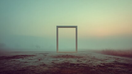 Foggy Field with Abstract Gate, Sunrise, and Mystery.