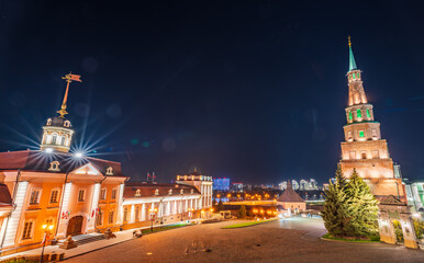 The ancient leaning red brick Syuyumbike Tower at night on the territory of the Kazan Kremlin....