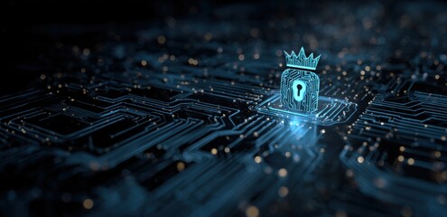 Complex circuit board with a glowing, protected data icon