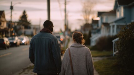 A young Black man and a young Caucasian woman walk together on a suburban street during sunset. Houses and cars are visible in the background.
