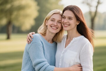 Fototapeta premium Joyful friends are enjoying a warm moment in nature, surrounded by vibrant greenery and bright sunshine