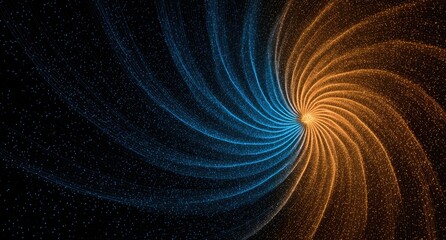 Abstract swirling vortex of blue and orange particles on black background