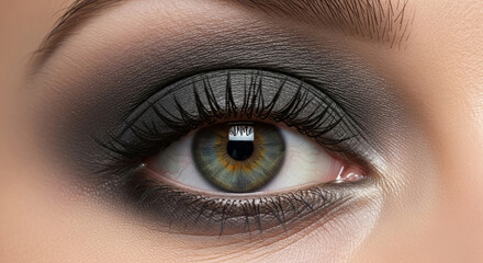 Obraz premium A high-detail, professional close-up photograph of a female eye with perfectly blended slate gray eyeshadow, showcasing professional makeup artistry. 