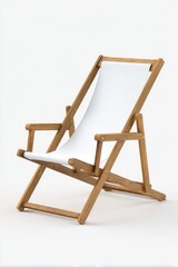 A light-brown wooden deck chair with a plain white canvas seat and back, shown angled slightly to the left against a white background