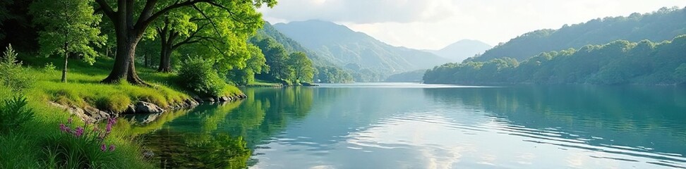 Fototapeta premium Serene lakeside scene, perfect for relaxation and escape Tranquil water, lush greenery, and peaceful atmosphere ideal for leisure time Enjoy the calm and quiet of nature , healing, getaway, serene