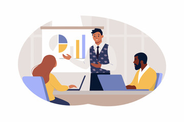 Diverse team collaborating during a business presentation with charts and laptops in a modern office setting