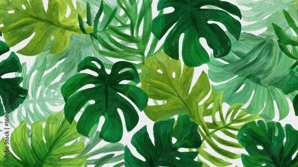 Poster a vibrant pattern of various tropical leaves displaying an array of greens and textures. the foliage