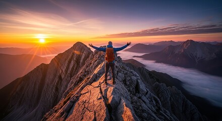 Obraz premium Majestic Sunrise View from Mountain Peak with Hiker