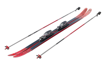 Skiing equipment skis poles bindings winter sport gear snow activity red on transparent background