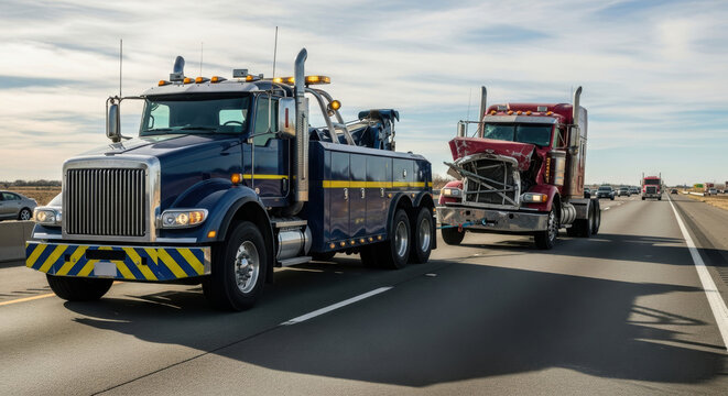Blue tow truck assists broken down red semi truck on highway roadside. Roadside assistance and heavy duty towing service.