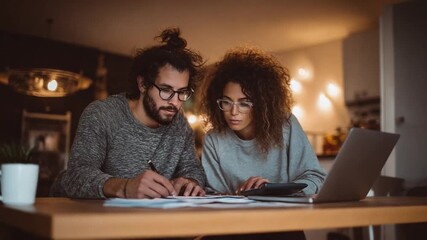 Analyzing Finances: A couple works together at home, carefully reviewing finances on a laptop, illuminated by the soft glow of indoor lighting, creating an atmosphere of focus and determination. - Powered by Adobe