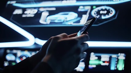 Hands Using Smartphone Near Futuristic Car Dashboard - Powered by Adobe