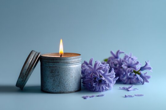 A lit candle in a rustic tin sits beside a cluster of purple hyacinths on a pale blue background; the lid is askew - Powered by Adobe