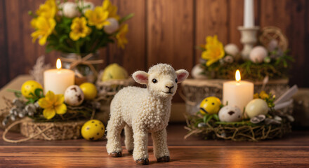Decorative sheep figurine in Easter setting with flowers and candles  