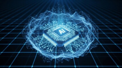 A glowing AI chip floating inside a digital holographic cloud, futuristic concept symbolizing artificial intelligence, cloud computing, and global data network integration.