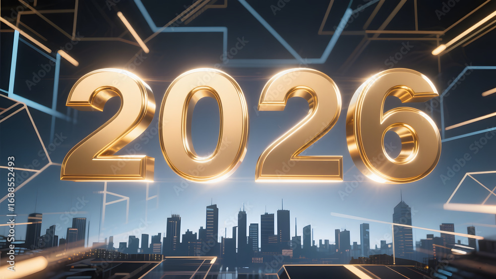 Poster golden '2026' digits displayed against a futuristic cityscape with glowing lines and skyscrapers.