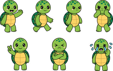 Cute turtle cartoon character set, emotional expressions illustration, kawaii animal mascot design, children’s vector art, cad drawing flat vector illustration