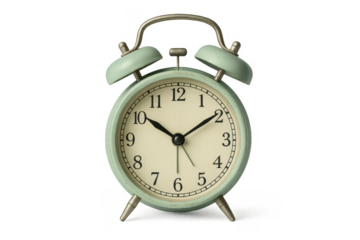 Green vintage alarm clock on transparent background showing time