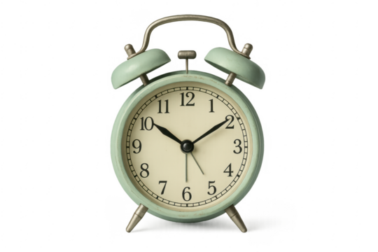 Green vintage alarm clock on transparent background showing time