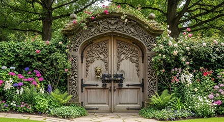 Fototapeta premium Ornate Carved Wooden Garden Gate Surrounded by Blooming Roses an