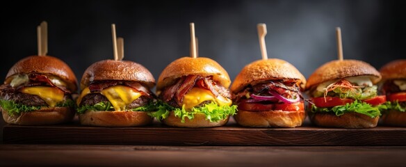 The mouthwatering lineup of gourmet burgers ready to be enjoyed.