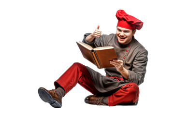 Chef reading cookbook recipe with thumbs up cooking culinary inspiration on transparent background