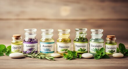 Assorted essential oil bottles with herbs
