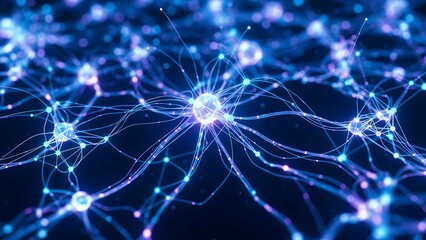 Abstract glowing neural network with futuristic light connections, holographic visualization symbolizing artificial intelligence data processing, deep learning, and machine intelligence.