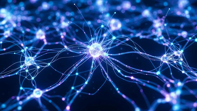 Abstract glowing neural network with futuristic light connections, holographic visualization symbolizing artificial intelligence data processing, deep learning, and machine intelligence.