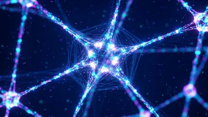 Abstract glowing neural network with futuristic light connections, holographic visualization symbolizing artificial intelligence data processing, deep learning, and machine intelligence.