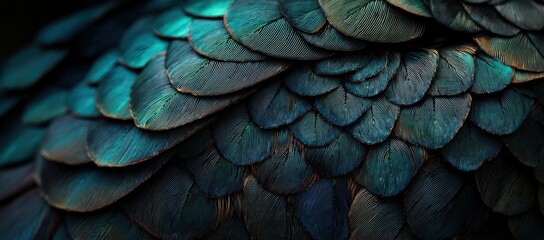 Close-up of deep teal-colored feathers, densely packed and overlapping