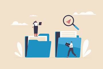 Business professionals organizing and searching through large blue file folders with a magnifying glass overhead