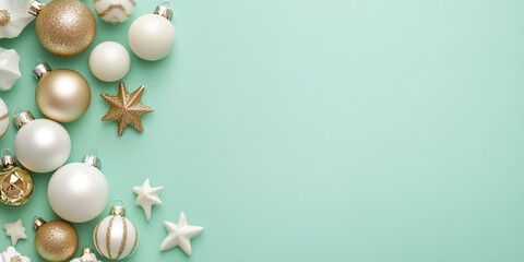 Fototapeta premium Soft Mint Green Background with White and Gold Christmas Ornaments and Space for Holiday Message