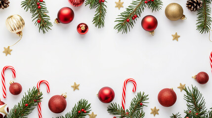 Flat lay Christmas decorations on white background, red and gold ornaments, pine branches, candy canes, minimal style.