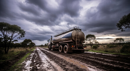 Fototapeta premium Fuel tank truck driving on muddy rural road under dramatic stormy sky, concept of heavy transport and challenging environmental conditions.