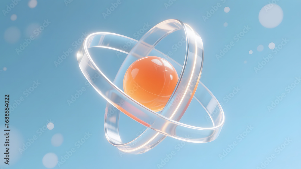 Poster spherical object with interlocking rings against a soft blue background