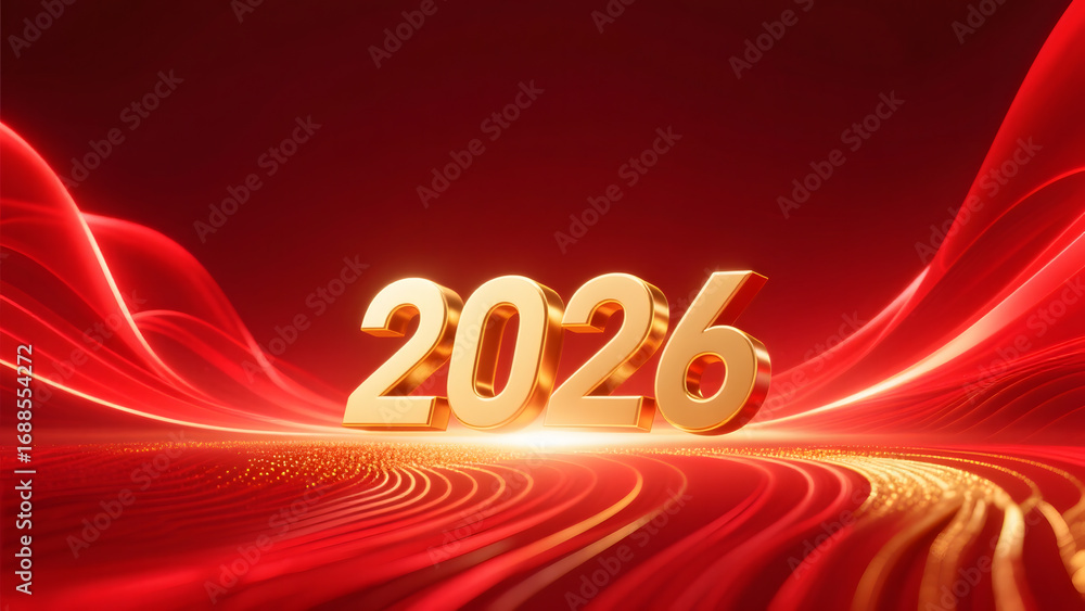 Poster golden '2026' text on a vibrant red background with dynamic light trails