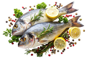 Two Fresh Sea Bass Fish with Lemon, Orange, and Herbs Isolated on Transparent Background