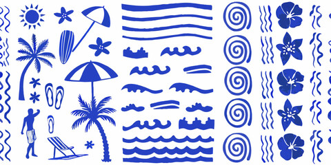 Vibrant blue summer beach elements and tropical motifs arranged in a playful pattern