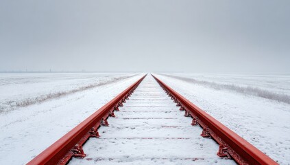 A long, snow-covered railway track vanishes into a grey, hazy distance under a bleak winter sky.  Red rails stand out against the white snow