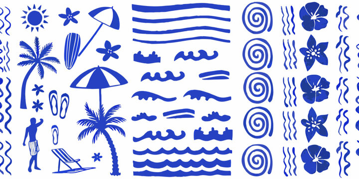 Vibrant blue summer beach elements and tropical motifs arranged in a playful pattern