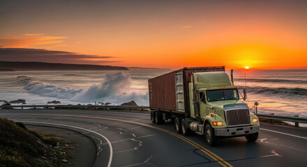A large truck with container drives on a coastal road during sunset. Heavy truck transporting goods along the ocean. Freight delivery and transport concept.