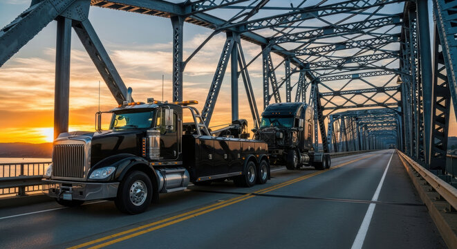 Black heavy duty wrecker towing a damaged semi truck on a metal bridge at sunset. Roadside assistance and recovery.
