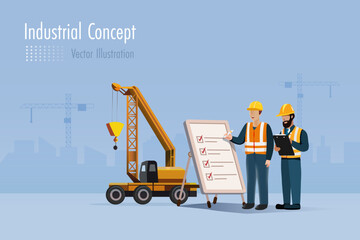 Industrial engineering write safety first check list on board, remind for safety regulations in workplace and construction site to prevent from accident. Vector.