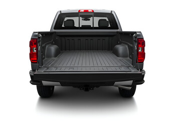 Rear view of grey pickup truck with open tailgate and empty bed on isolated transparent background