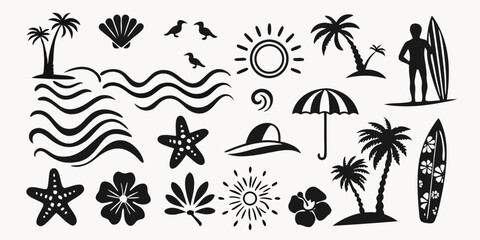 Collection of black silhouette beach and tropical vacation icons including palm trees waves sun surfboards and flowers