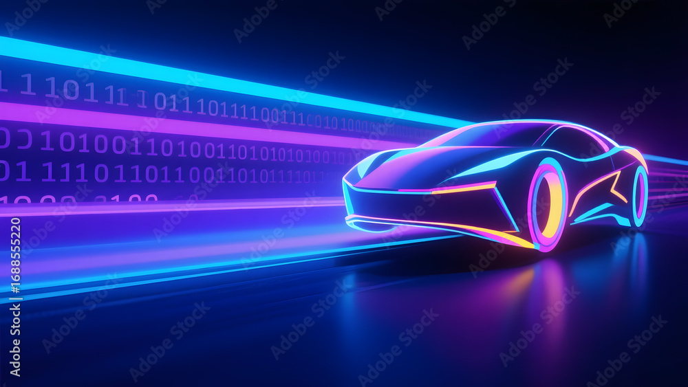 Aufkleber neon-lit futuristic car with binary code background