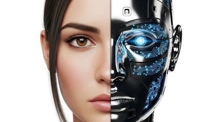 A futuristic concept of human and AI fusion, showing half human and half robotic face connected by glowing circuits, symbolizing integration between humanity and artificial intelligence.