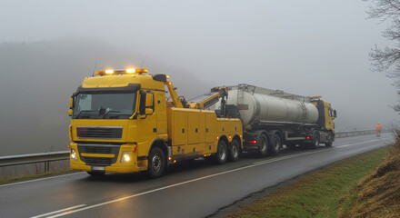 Heavy duty yellow tow truck towing large tanker truck on a wet foggy road during daylight hours. Roadside assistance and accident recovery concept.